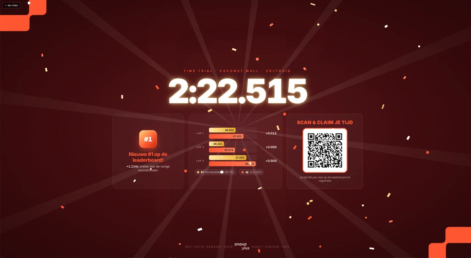 The finish screen with lap time and QR code on the TV at Dotslash Utrecht
